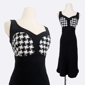 I.C.E. Houndstooth Tweed Midi Dress Sleeveless V-Neck Sweetheart Neckline A-line